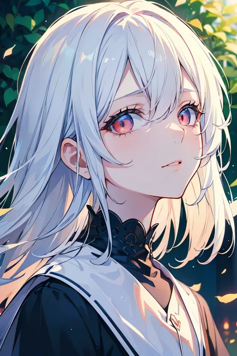 Anime girl with white hair and red eyes, porcelain skin, sad face, borothers, anime boy with white hair and red eyes, twins, lonely, old clothes