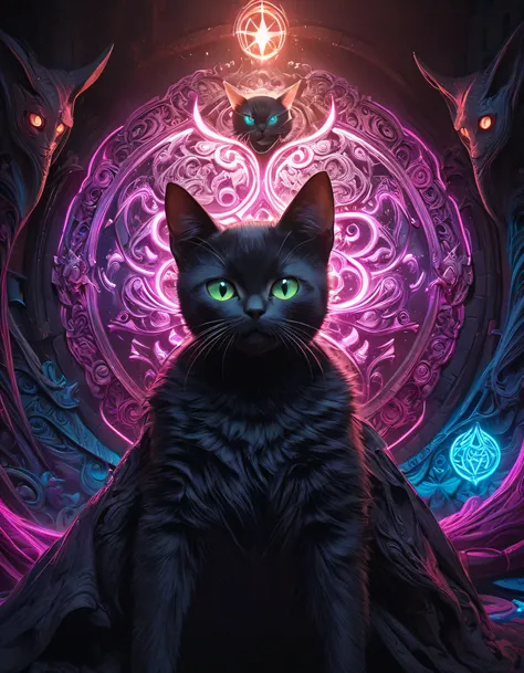 Full color,
BREAK Ultra-realism, Detailed and realistic skin texture, Detailed and intricate texture, Detailed and intricate brushwork, Detailed and clear depiction, aesthetic,
Black Cat and Witch, Enchanting, Alluring, Pop Dark Fantasy BREAK Neon Art Ba...