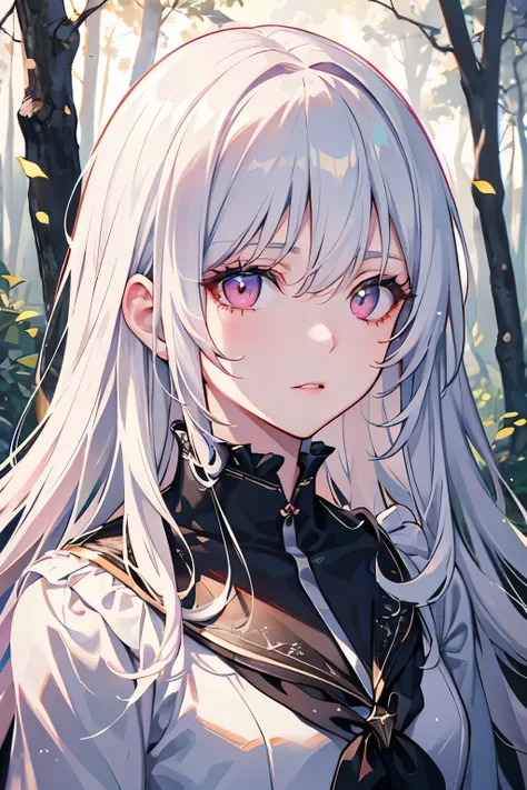 Anime girl, porcelain skin, white silver hair, long hair, curly hair, pink eyes, full body, old cabin in the forest, sad expression, red lips, full body, old clothes, magical kingdom, forest,