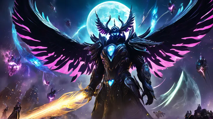 Tartarus Core's black heart pulses, Void Monarch-winged titan with plasma tendrils-soars on Luna. Kael pulls it with gravity, Nyx stabs with Null Blade, Mira fires Lunar Fang's cannons, explosion levels basin, Echo Shard flares, cyberpunk sci-fi, epic fina...