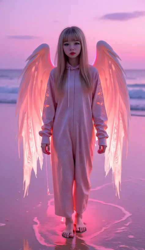 A girl in shiny patterns that glow on a pink beach, the girl has torn angelic wings glow with the glitter of God dressed in a torn rubber kigurumi