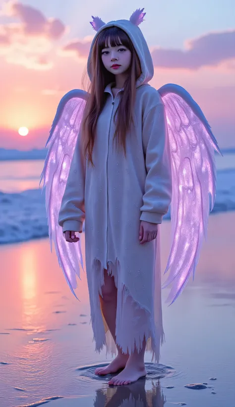 A girl in shiny patterns that glow on a pink beach, the girl has torn angelic wings glow with the glitter of God dressed in a torn rubber kigurumi