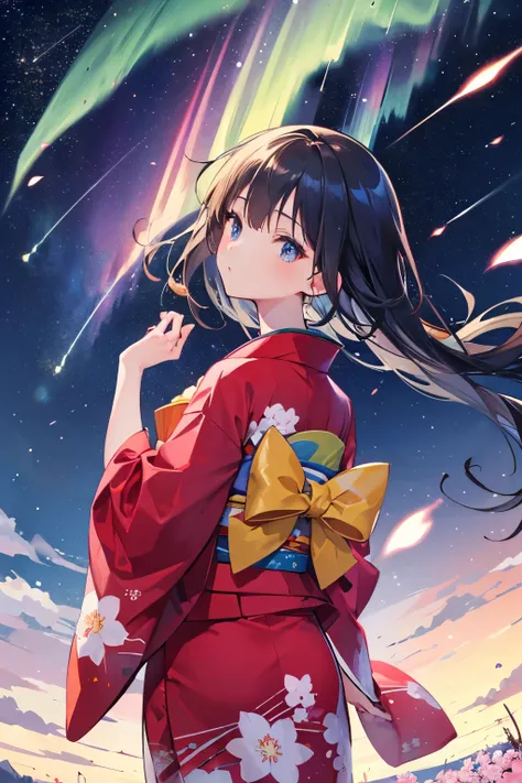 1girl, a distant girl kiss girl in a kimono gazing at the stars, (zoomed: 1.1), (meteor shower: 1.2), (comet: 1.1), your name, low angle, from behind, Northern Lights, meteors, yukata, red kimono, cherry blossoms, standing in the field, best quality, maste...