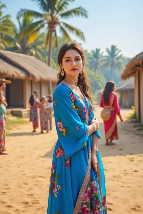 24 year girl in Indian village not modern village rural vibe wearing blue gujrati dress on Goa beach in front of foreign tourists with smile on face