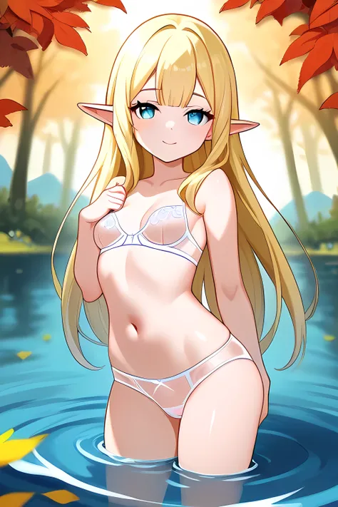 ((Quality)) an elf girl, with pointy ears, thin, anatomically perfect face, small breasts ((wallpaper)) wearing (a transparent bra), (transparent panties), (details the genitals), in a body of water, anime goddess, glamor anime witch casting magic, goddess...