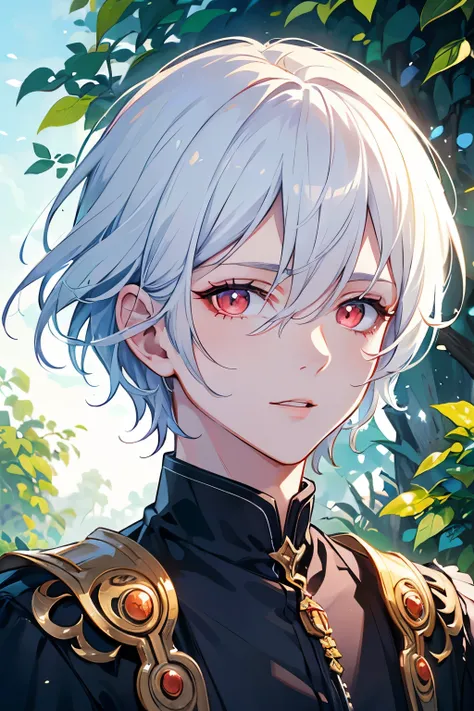 boy, man, handsome man, short hair, white hair and red eyes, boy, sorcerer, handsome