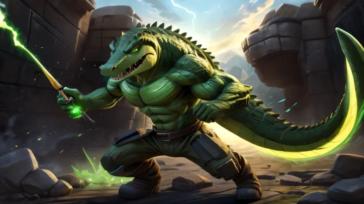 anime guy alligator with green ((glowing skin)), (slim body), in battlefield, rock energy powers, rock bending powers, professionally drawn, cartoon