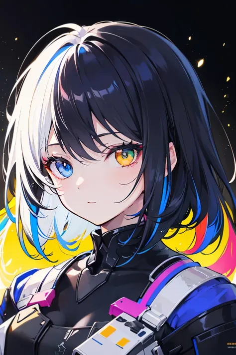 {{masterpiece}}, best quality, extremely detailed CG unity 8k wallpaper, cinematic lighting, lens flare, beautiful detail eyes, black,  side glance,  multicolor hair, colorful light, particles, heterochromia, (colorful:1.5), (colorful hair:1.5), 