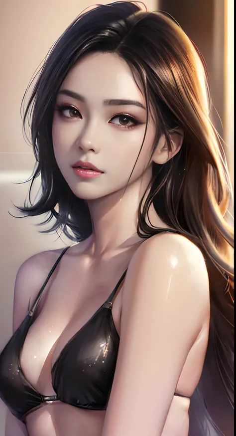 Araffe Asian woman in a black bikini posing for a photo, fotorrealista!!!!!!! estilo de arte, Realistic. Cheng Yi, Directed by: Russell Dongjun Lu, wlop pele brilhante, estilo de arte fotorrealista, photorealistic anime girl rendering, estilo de arte fotor...