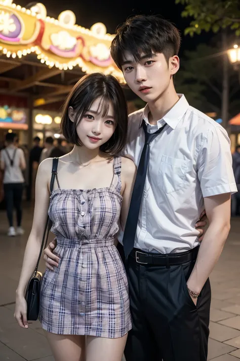 woman in purple checkered dress and short hair with her Korean boyfriend at an amusement park