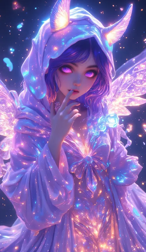 A girl in shiny patterns that glow with a beach, the girl has torn angelic wings glow with the glitter of God dressed in a torn rubber kigurumi Elf girl with freckles under her eyes in clothes made with a cut on the navel and on the legs and legs stockings...