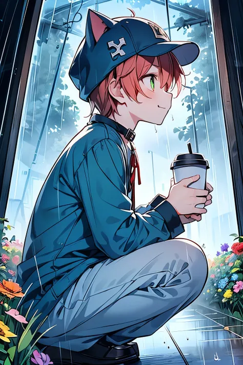 ((1-boy :1.3)),((handsome:1.2)),((adult male:1.15)),((Alone:1.1)),short hair,Red hair,((green eyes:1.25)),skinny body,((holding Coffee cup:1.25)),((eerily glowing eyes:1.3)),((:3:1.25)),((A filled with pleasure:1.1)),((ecstatic expression:1.1)),,((Evil:1.3...