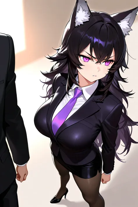 anime girl with wolf ears and purple eyes, black hair, (with an angry expression)  lounge wearing a black suit, Wearing a purple leather tie , an executive skirt, high heels and black tights)