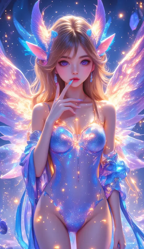 A girl in shiny patterns that glow with a beach, the girl has torn angelic wings glow with the glitter of God dressed in a torn rubber kigurumi Elf girl with freckles under her eyes in clothes made with a cut on the navel and on the legs and legs stockings...