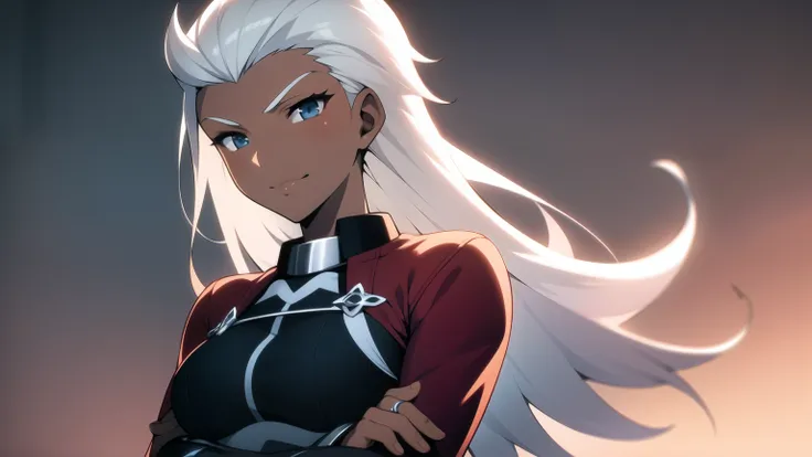 (detailed:1.3),upper body, 
female version emiya_shiro, 1girl, solo, prerry, long hai, medium breasts, dark skin,smirk, crossed arms, lip biting, 
Ultra-detail,(highres:1.1),best quality,(masterpiece:1.3),cinematic lighting,