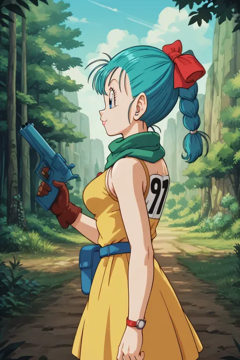 anime screencap, masterpiece, best quality, amazing quality, very aesthetic, absurdres,  newest, (scenery, volumetric lighting), dappled sunlight, light sunlight, light rays, official style,
bulma, dragon ball \(classic\), blue eyes, hair pulled back, aqua...