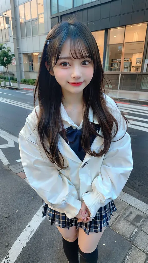 (8k、 RAW photos 、best image quality、best image quality、Impressive:1.2)、( real 、 real )、1 girl、cute face、 High School Girl Uniform、sailor suit、 Long Sleeve、miniskirt、 navy blue socks、loafers、Smiling、standing with hands on hips、Full Body Image
