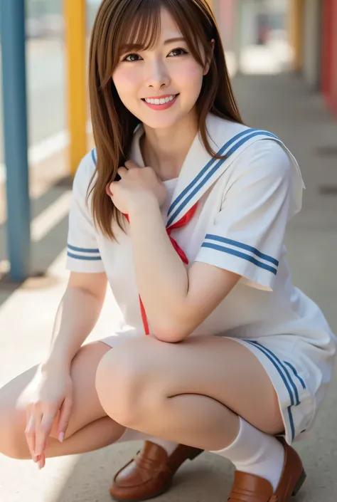  Japanese women like idols , long hair ,  straight hair  , round face , sailor suit , as shown in the picture, squats , pant shot,full body, white socks,brown loafers,Expand Your Legs、 white panties ,((kiss scene with fat man watching e gi, Viewer)).live-a...