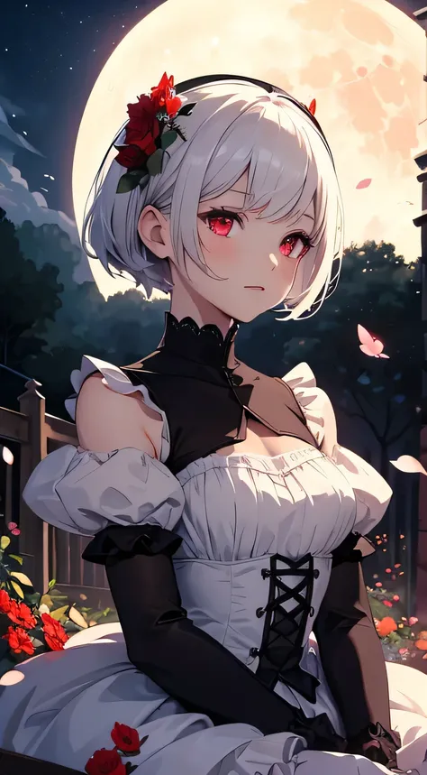 (masterpiece, best quality:1.2), illustration, absurdres, highres, extremely detailed, 1 petite girl, white short hair, red eyes, eye highlights, dress, short puffy sleeves, frills, outdoors, flower, fluttering petals, upper body, (moon:1.2), night, depth ...