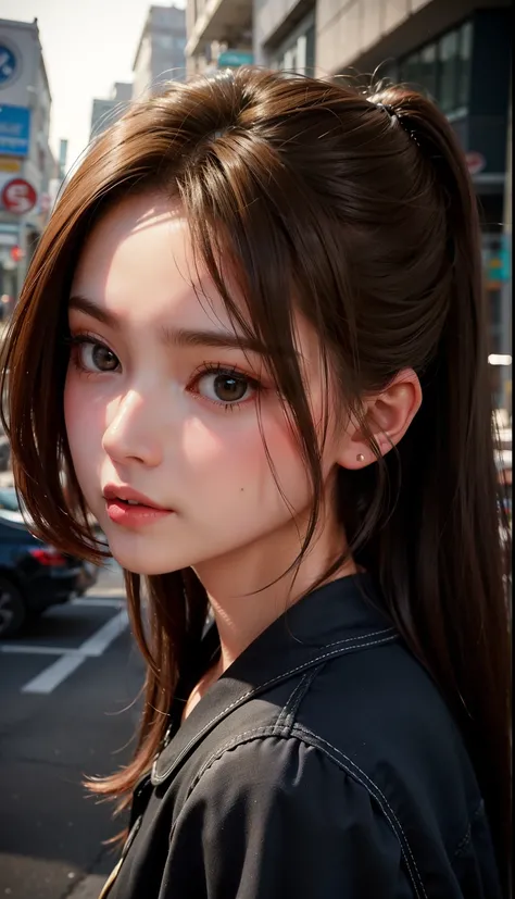 Daytime street background,small head, small face,1girl,face,