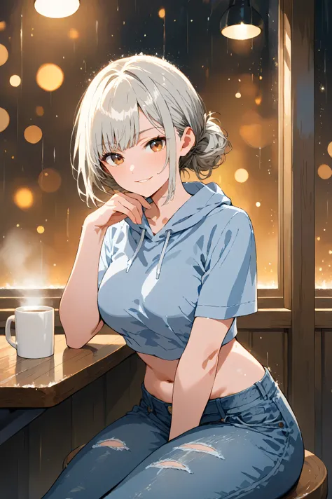 masterpiece, best quality, absurdres, highly detailed, anime-style illustration, 1woman, solo, adult woman, mid-20s, slim body, toned body, large proportionate breasts, full proportionate thighs, plump proportionate thighs, brown eyes, detailed eyes, detai...
