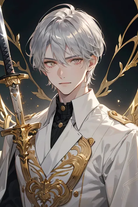 a portrait of a Handsome, young man, pale skin, short silver hair, and gold eyes. slim muscular built swordman. Simple but unsettling aura. wearing a white high-collared, form-fitting under suit, black with faint traces of silver circuitry woven into the s...