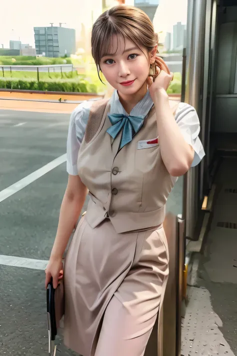 (masterpiece:1.2, Best Quality:1.2), 32kHDR, Hi-Res, (alone、1 girl)、(Rooftop of a building during the day、professional lighting)、Building rooftop background、(JR WOMAN TRAIN CREW UNIFORM BEIGE REAL STYLE)、((JR Woman Train Crew Uniform Beige Light Blue Blou...