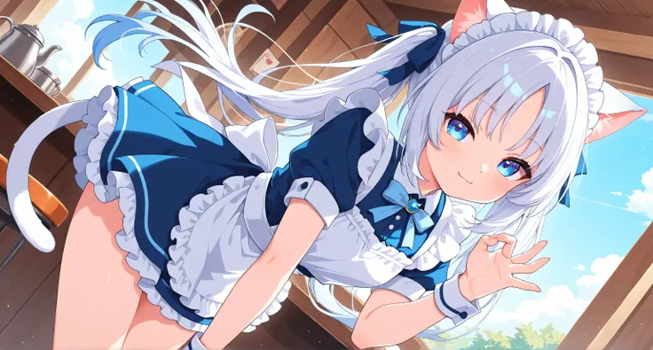 nekomiya mana girl cat blue white hair long tufts of bluish hair sky blue eyes pretty girl, waitress, apron dress, (cat ears),flirty smile eyes hand with cat paw gesture nya ,  hermetic ,  frilly miniskirt 