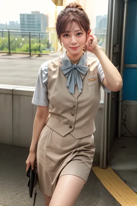 (masterpiece:1.2, Best Quality:1.2), 32kHDR, Hi-Res, (alone、1 girl)、(Rooftop of a building during the day、professional lighting)、Building rooftop background、(JR WOMAN TRAIN CREW UNIFORM BEIGE REAL STYLE)、((JR Woman Train Crew Uniform Beige Light Blue Blou...