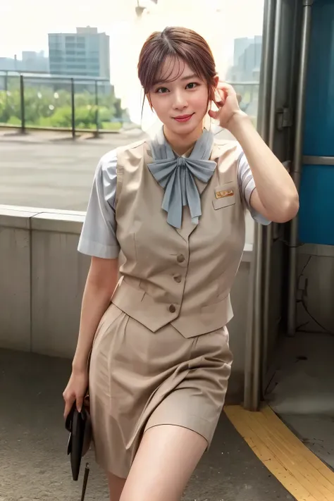 (masterpiece:1.2, Best Quality:1.2), 32kHDR, Hi-Res, (alone、1 girl)、(Rooftop of a building during the day、professional lighting)、Building rooftop background、(JR WOMAN TRAIN CREW UNIFORM BEIGE REAL STYLE)、((JR Woman Train Crew Uniform Beige Light Blue Blou...