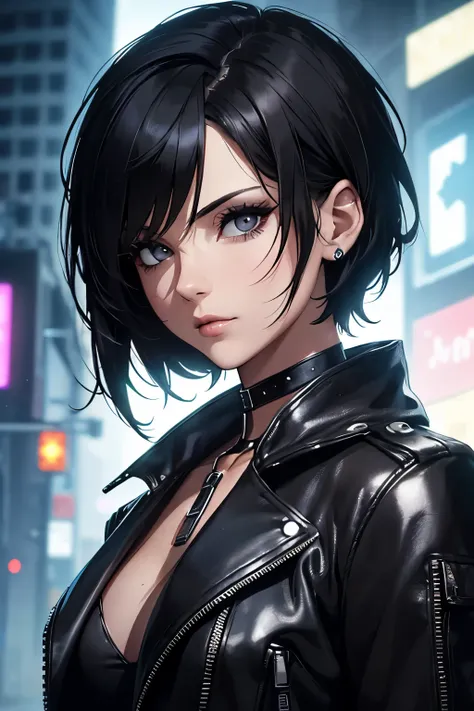 a beautiful adult woman, age group 30 years ,           with short black hair Pixie style,      open in front     ,  black eyes combining black leather jacket with short black blouse and choker with buckle,      in a nighttime setting    , dimly lit with C...