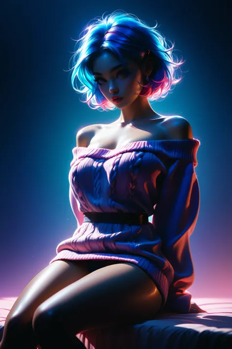 Oil paint.brushes strokes. SYNTHWAVE STYLE DESIGN VIBRANT COLORS. Big boob , cleavage, round breast, young asian girl. off the shoulder sweater, panties, with long blue  hair. Full lips.Solid color background, arms behind back, sitting, 