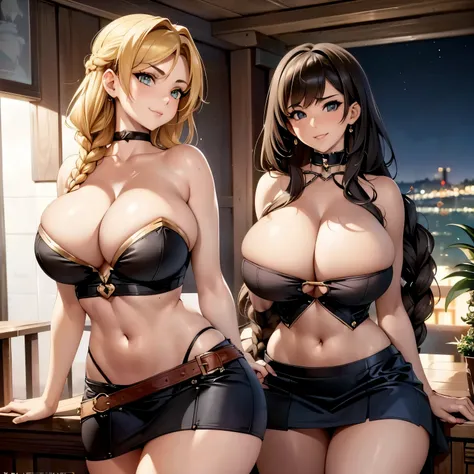 glamour shot, long hair, choker. busty (((DD-size breasts))), wide hips. lythe figure, curvy, voluptuous figure, sexy pirate, Puff Sleeve Chemise Top with plunging neckline, maxi skirt, posing on a pirate ship, mischievous smile, trending on Artstation, di...