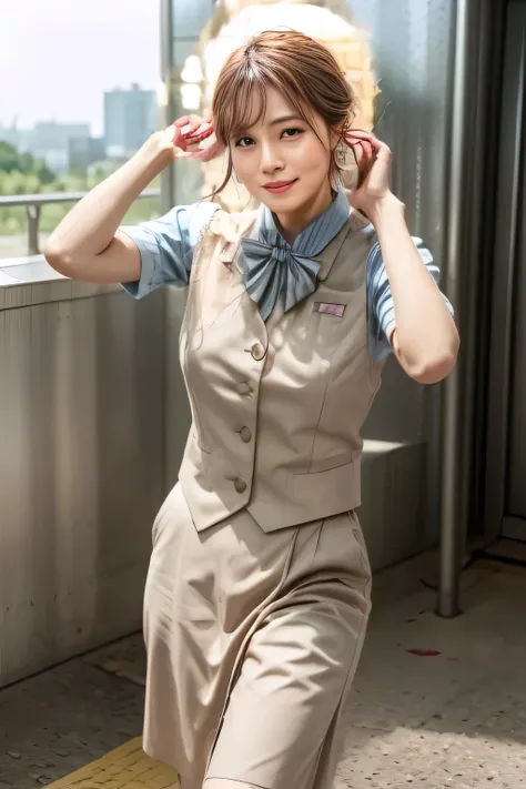 (masterpiece:1.2, Best Quality:1.2), 32kHDR, Hi-Res, (alone、1 girl)、(Rooftop of a building during the day、professional lighting)、Building rooftop background、(JR WOMAN TRAIN CREW UNIFORM BEIGE REAL STYLE)、((JR Woman Train Crew Uniform Beige Light Blue Blou...