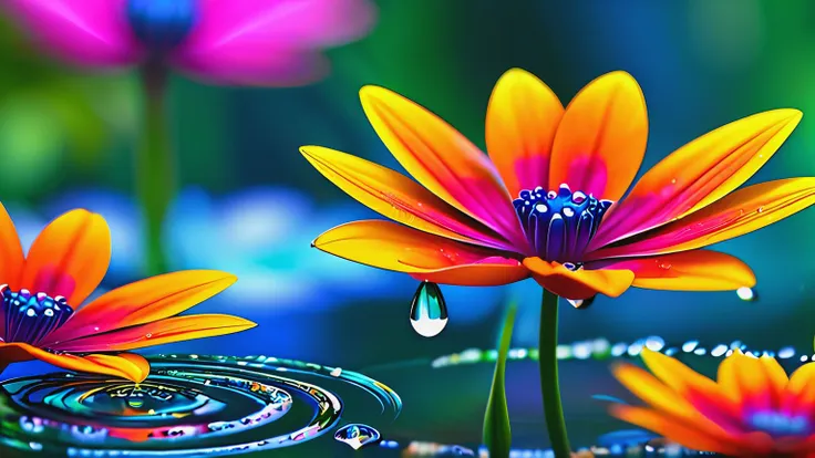 make small things, unusual flowers, with colorful，Like a kaleidoscope. The flowers stand out in a dense background, petals, imagine a vivid close-up. world reflected in every drop of water,  blurred background ,  tropical garden . inspired by Luca Martel's...