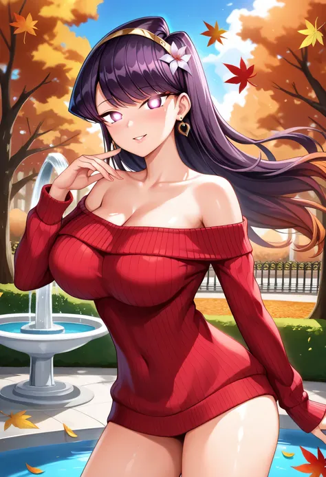 (masterpiece, best quality, glowing light, glistening, shiny skin, ultra detailed, detailed background, complex background),(perfect face, detailed face, detailed eyes,perfect hands,perfect fingers),(large breasts), (smile),cowboy shot,thicc,cleavage, komi...