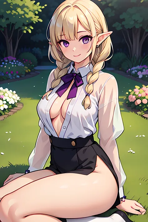 (surreal) HD, (realistic 8k), A young (real) girl with fair skin and platinum blonde hair, with braids and purple ornaments. She has pointy elf ears. She has big, purple eyes, a friendly smile, big, round and curvy (surprisingly) buttocks. (illustration) (...