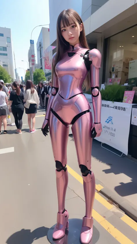 Robot Girl, pink there, Silver, Metallic body, Robot Parts, Metal Parts, Super Detailed Face, Super well-formed face, of the highest quality, a small face, small head, Brown hair, Slender body, Camera gaze, Internal Mechanical Exposure, Idol, front facing,...