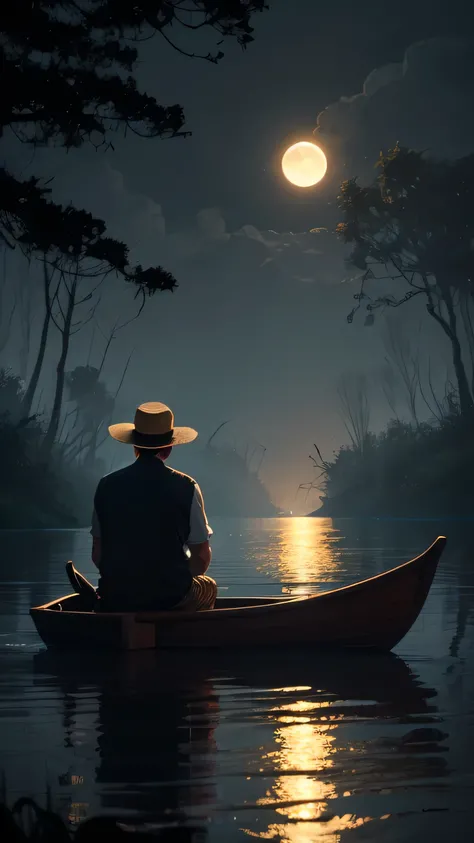 A mysterious man sits in a small wooden canoe at night, floating on a dark, misty river. He wears a white shirt and a straw hat, partially hiding his face. His expression is eerie, with glowing eyes barely visible under the shadow of the hat. The boatman, ...