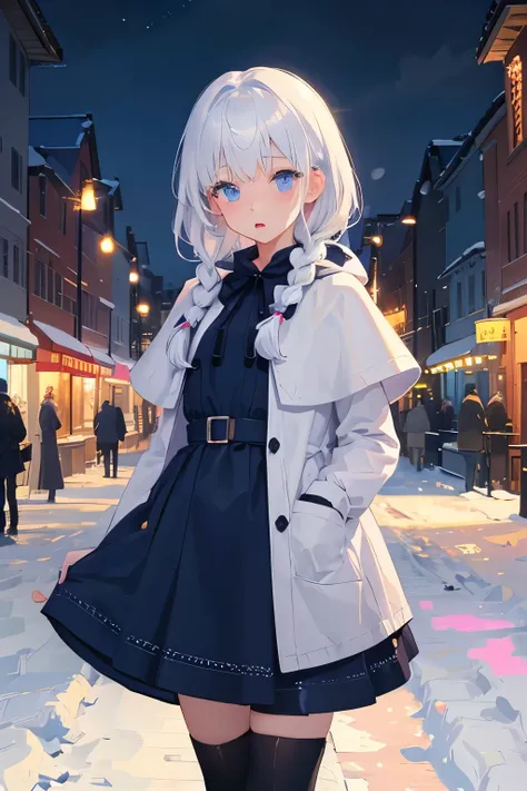 Snow village art ,(masterpiece),( soft lighting :1.2),(( perfect anatomy )),(( perfect fingers )),( right hand :1.2),( 1 girl  ),( flat chest  ),Highest quality,( white hair ),  hair braid two ,blunt bangs,looking at viewer,blue pink eyes exquisite detail,...