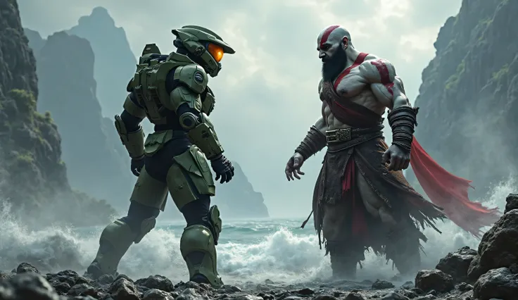 Master Chief from Halo, standing against Kratos from God Of War