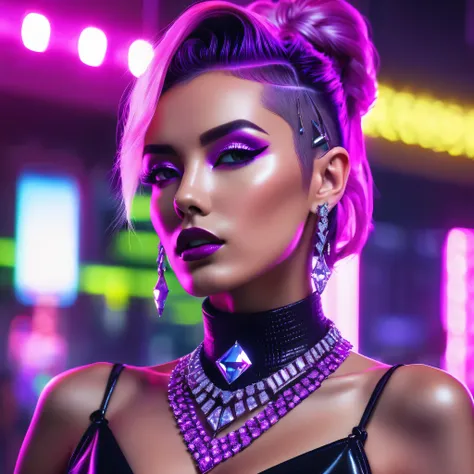 The millionaire lady is wearing a diamond necklace, she is wearing a big diamond neckpiece and she is very sexy neonpunk style, cyberpunk, vaporwave, neon, vibes, vibrant, stunningly beautiful, crisp, detailed, sleek, ultramodern, magenta highlights, dark ...