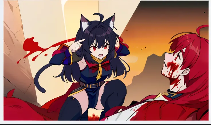 a beautiful cat girl, cat ears, (red eyes), long hair, black hair, (Ahoge), straight bangs, ropa negra pointing to head crouching over defeated bloody man,  comic, cliff,  tmtmeme2024, best quality, 8k,