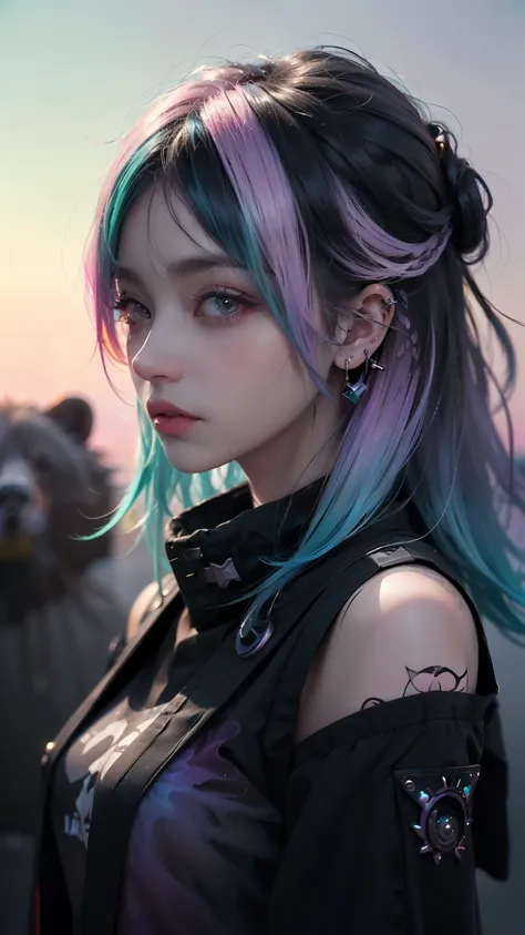 ( punk girl:1.4),   mallet hairstyle  ,   beautiful symmetrical eyes  , ( colorful gradient hair:1.5), ( complicated details:1.2), ( very well detailed face and eyes:1.2),  not wearing makeup at the coal mine, (Bear:1.1), Midnight Aura, Urban, , side view,...