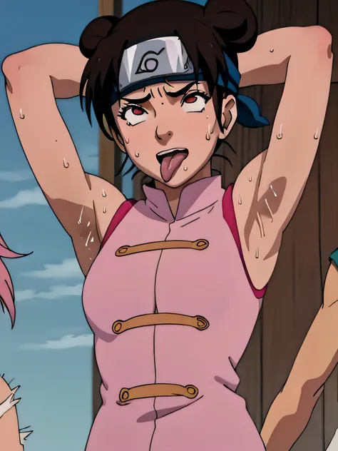 Tenten,human woman.with brown eyes and pink clothing. Her hair is long and brown in color; She is beautiful. Fair skin.Tsundere face. Pink eye shading,mature appearance,armpits,sweat,sweaty,sweaty armpits,arms up,showing armpits,awesome armpits,tongue