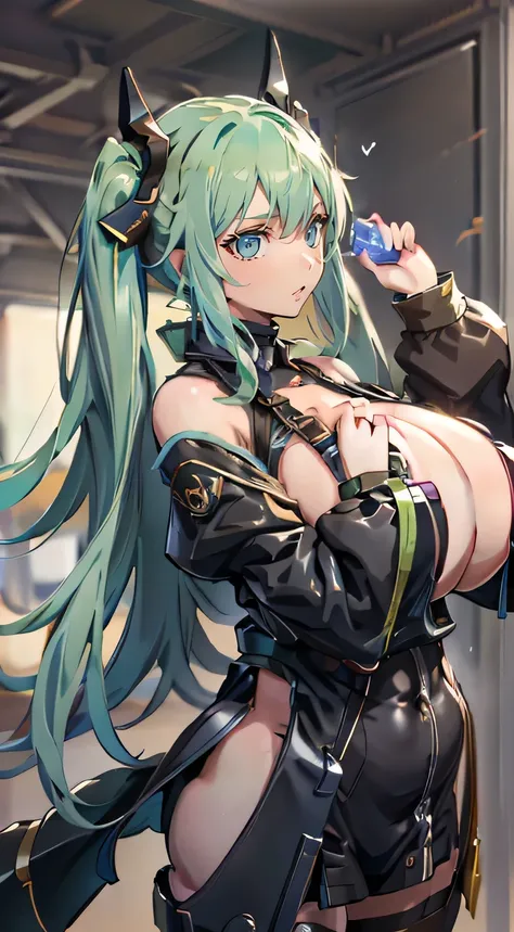 Hatsune Miku, large full breasts、A slight smile、Outec, top-quality, Official art, ((Huge boobs:1.2)), Breast milk out of the,