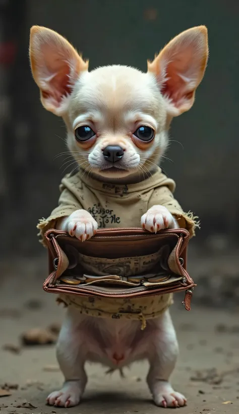 A small puppy, resembling a Chihuahua, with light cream-colored fur. It wears an old, tattered T-shirt full of holes, looking rugged and worn. The puppy stands upright on its hind legs, holding an opened wallet with both front paws. The wallet is tilted fo...