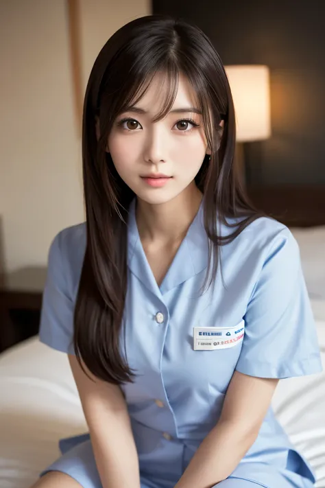 Close up of a woman in a nurse uniform posing on a bed, japanese goddess, korean girl, sakimichan, , shikamimi, she has , sakimichan hdri, korean woman, asian girl, nara yoshitomo, sakimichan, smooth and clear white skin, japanese model