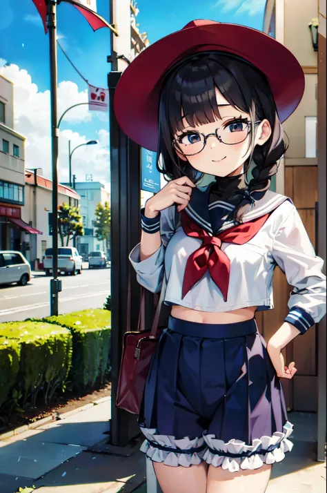 ((TOP QUALITY)), (( masterpiece)), ( details), 1 girl,female middle school students，braids，Glasses， is a sailor suit on the upper body， lower body「 bloomers」Wearing，white high socks，Sneakers，Around town，On the way to school，