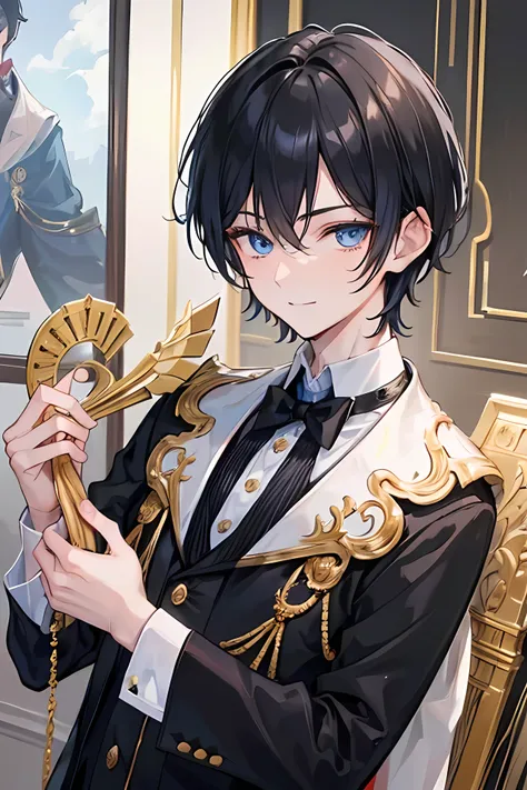 Young boy, black hair, blue eyes, handsome boy, cool boy, bad boy, slang, with charter, award necklace, formal clothes, background mansion, smile face, close up, boy, boy, boy, notfemale, boy!!! , holding the award gold trophy, short boy,  short boy, short...